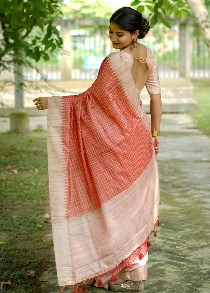 Orange Tussar Silk Saree With Blouse Piece