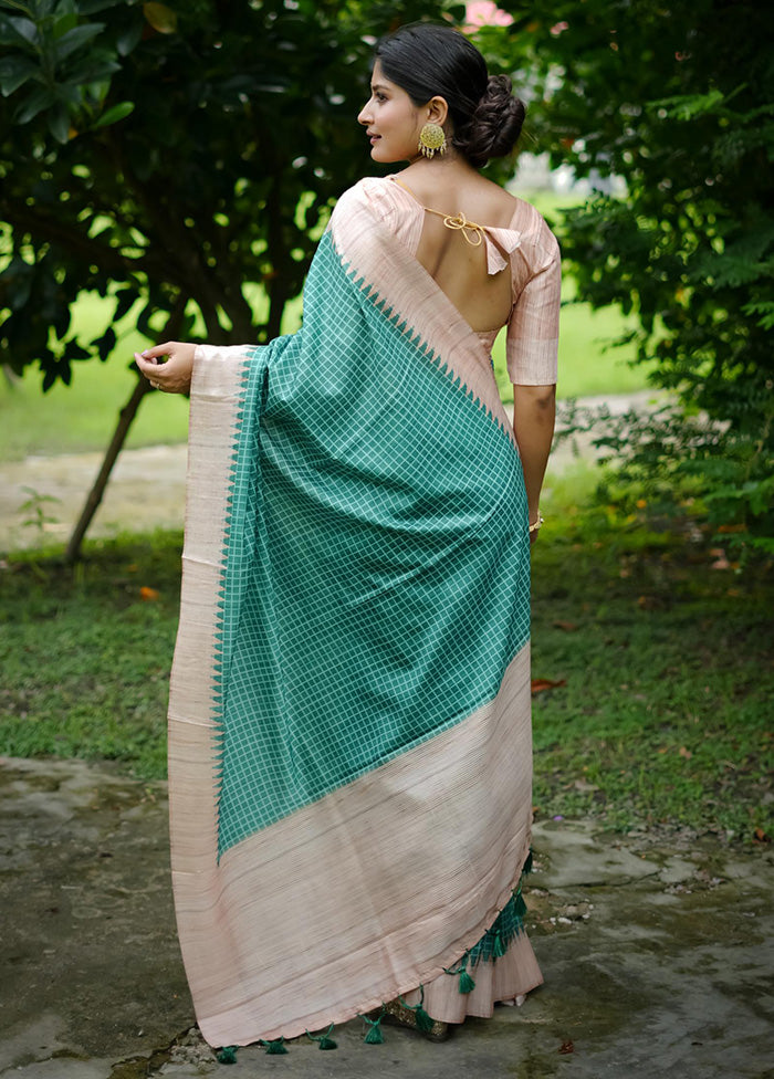 Sea Green Tussar Silk Saree With Blouse Piece