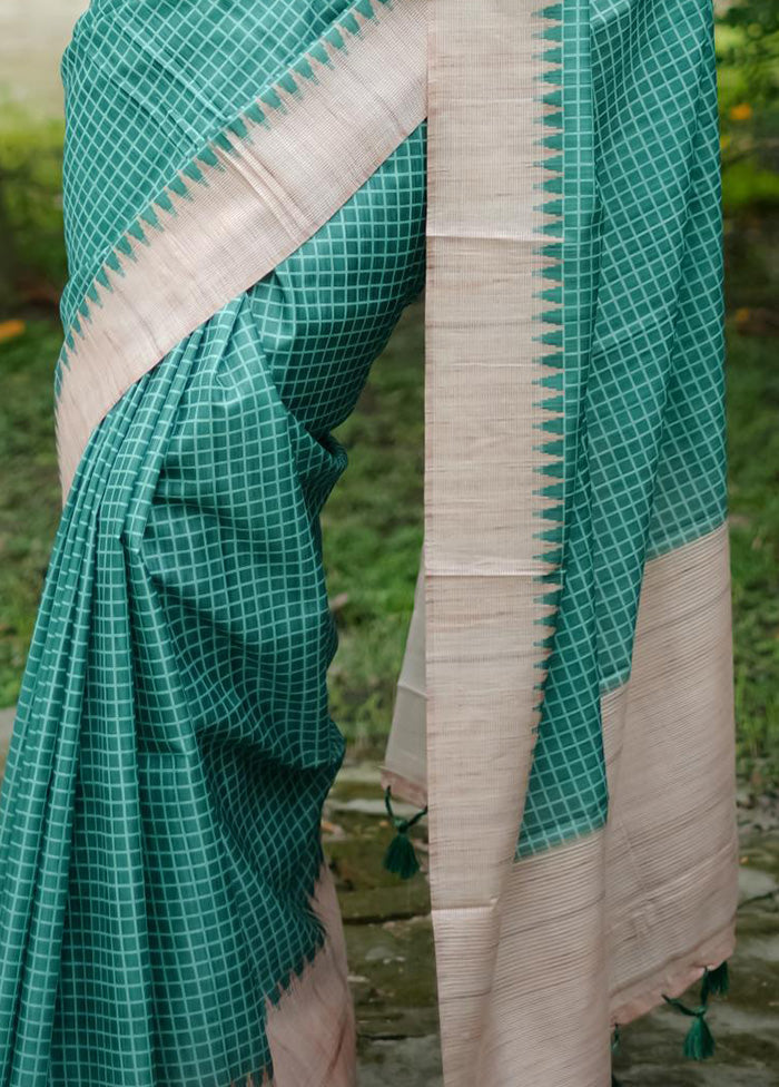 Sea Green Tussar Silk Saree With Blouse Piece