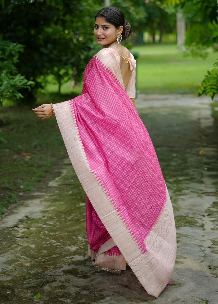 Pink Tussar Silk Saree With Blouse Piece