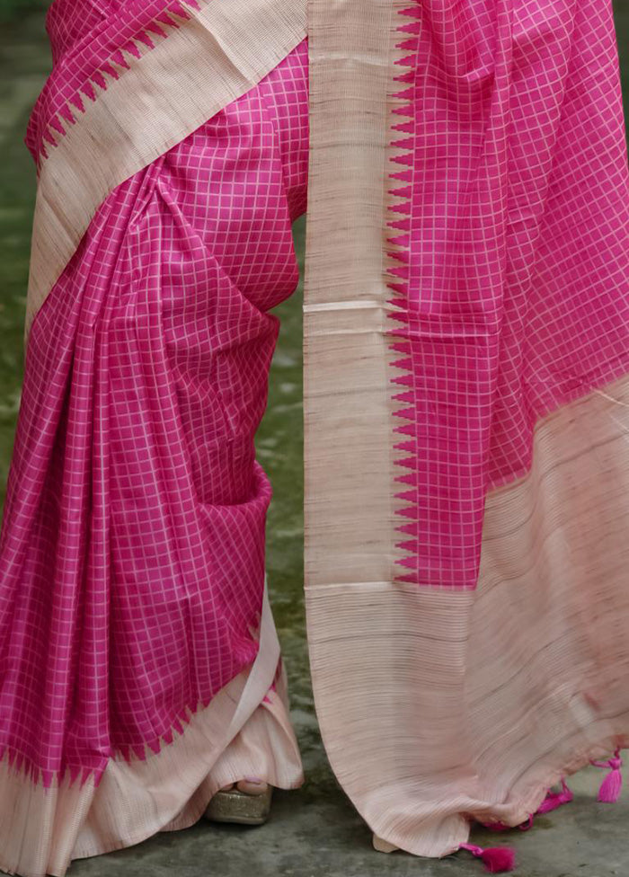 Pink Tussar Silk Saree With Blouse Piece