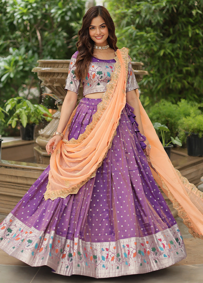 3 Pc Purple Silk Semi Stitched Lehenga Set