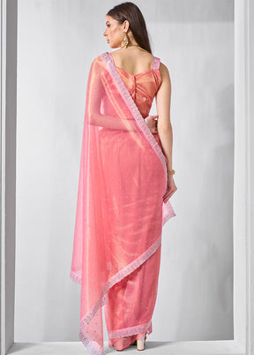 Pink Net Net Saree With Blouse Piece