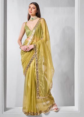 Green Net Net Saree With Blouse Piece