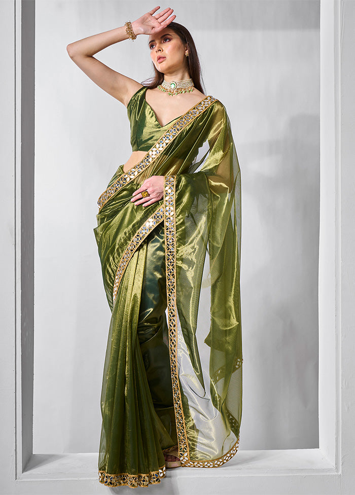 Green Net Net Saree With Blouse Piece