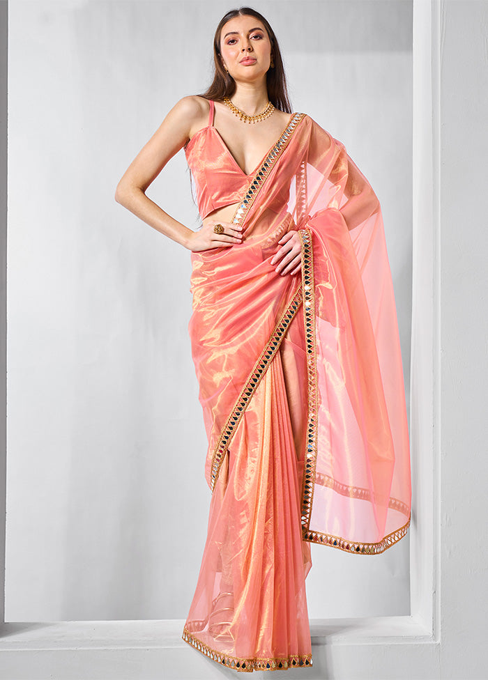 Orange Net Net Saree With Blouse Piece