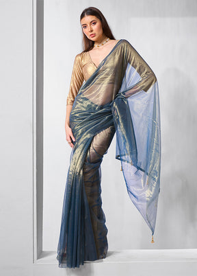 Blue Net Net Saree With Blouse Piece