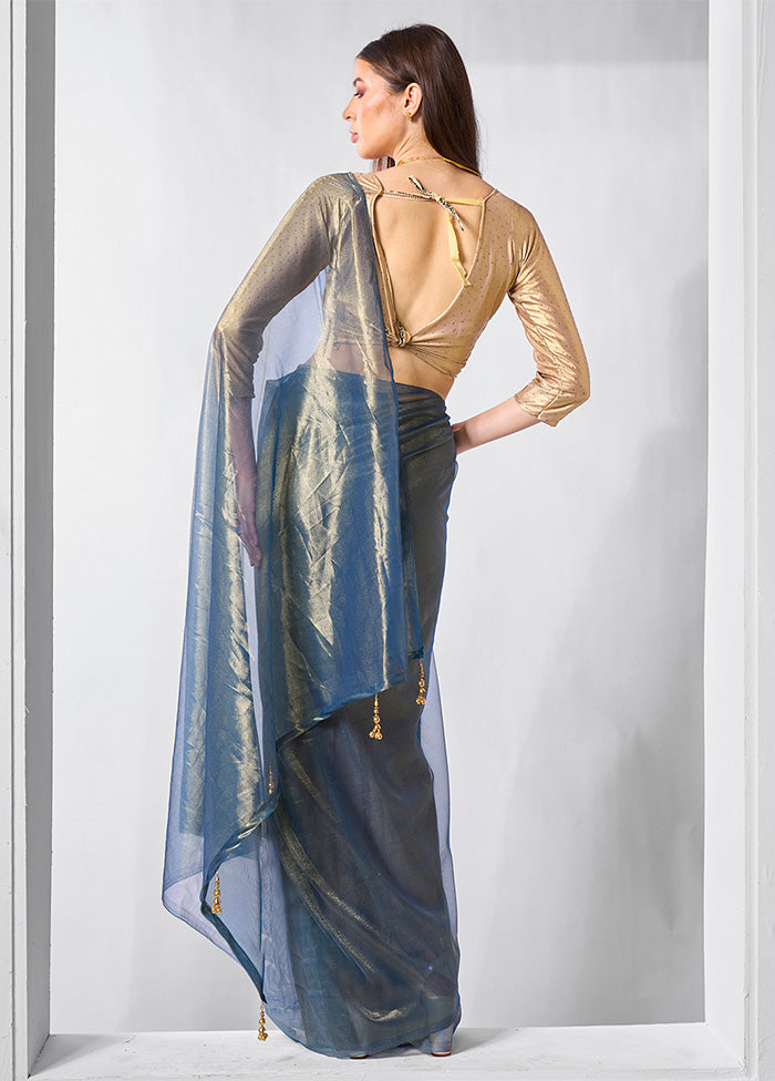 Blue Net Net Saree With Blouse Piece