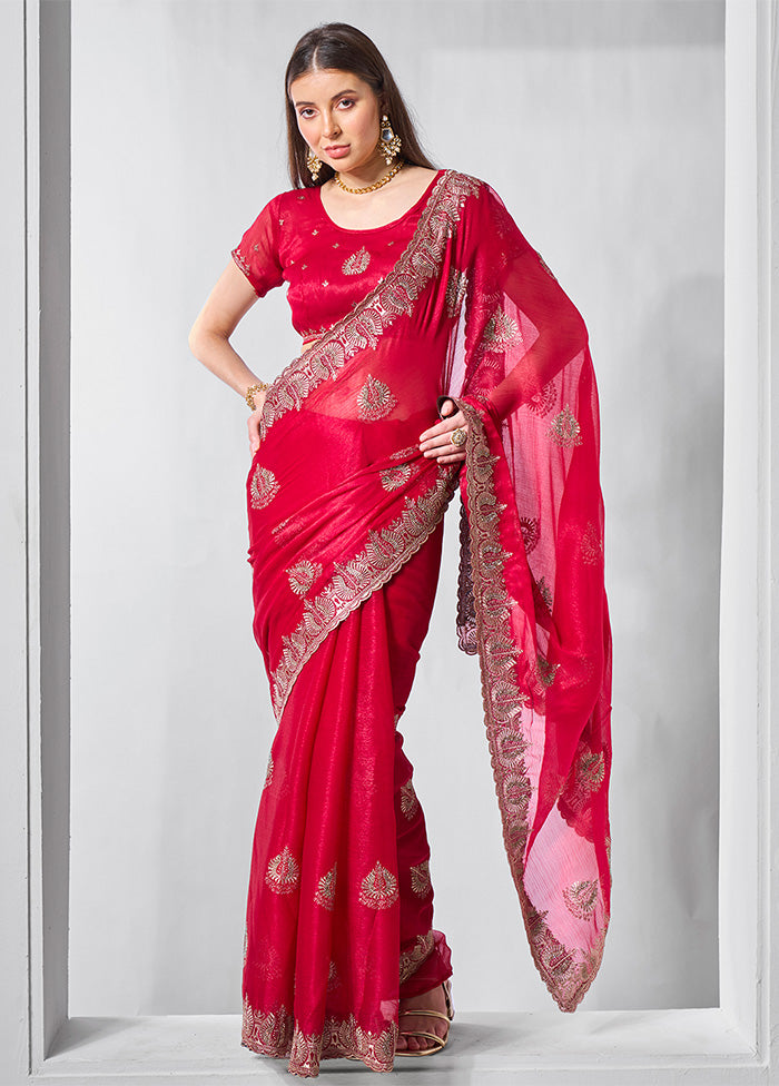 Red Chiffon Silk Saree With Blouse Piece