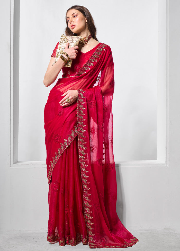 Red Chiffon Silk Saree With Blouse Piece