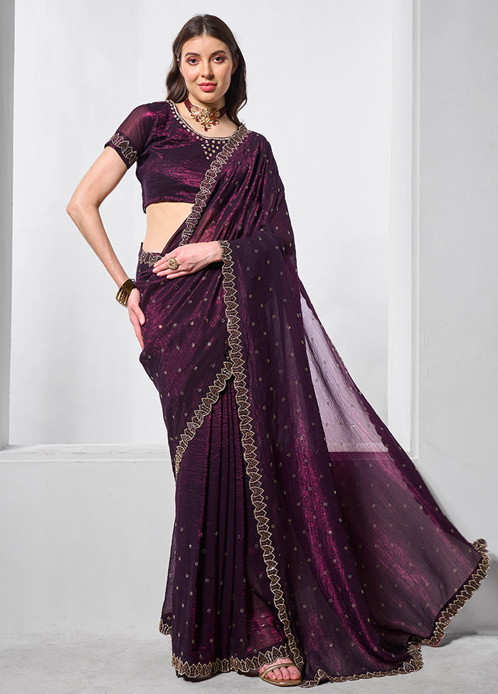 Wine Chiffon Silk Saree With Blouse Piece