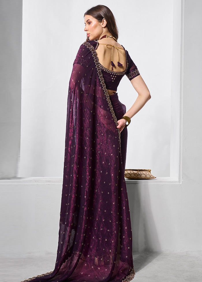 Wine Chiffon Silk Saree With Blouse Piece