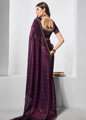 Wine Chiffon Silk Saree With Blouse Piece