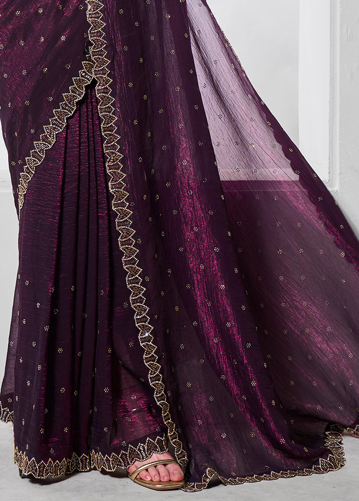 Wine Chiffon Silk Saree With Blouse Piece