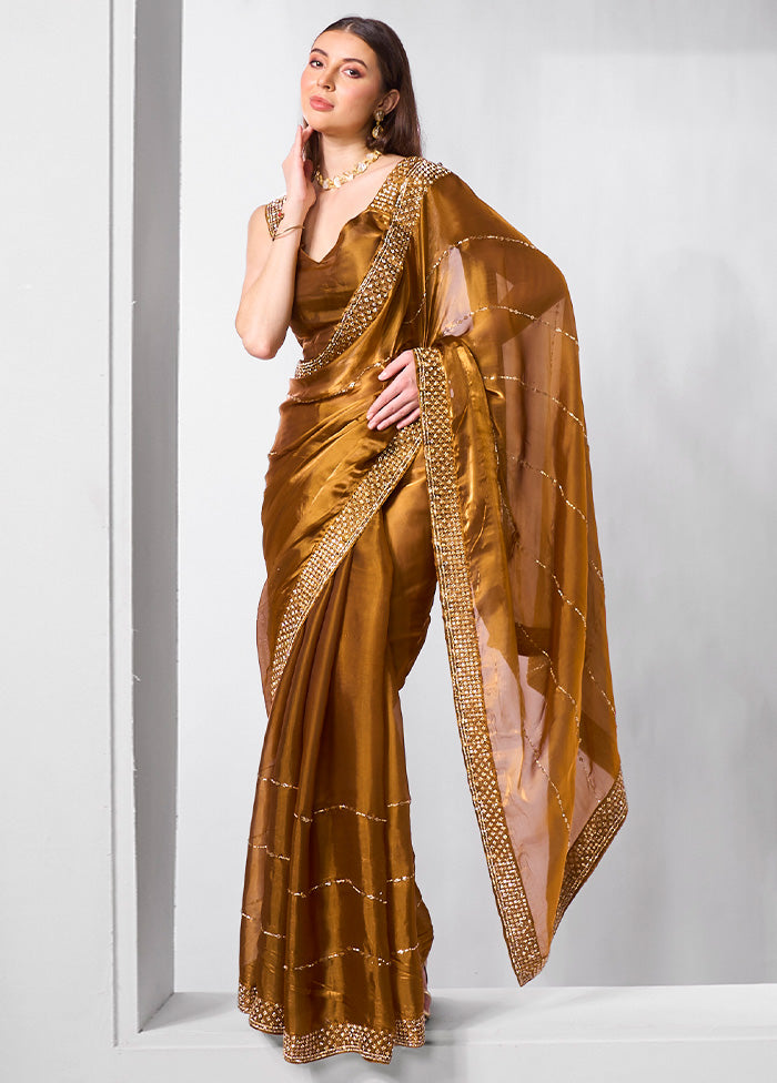 Brown Spun Silk Saree With Blouse Piece