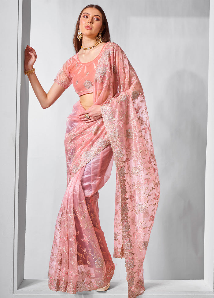 Peach Net Net Saree With Blouse Piece