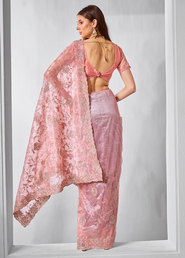 Peach Net Net Saree With Blouse Piece