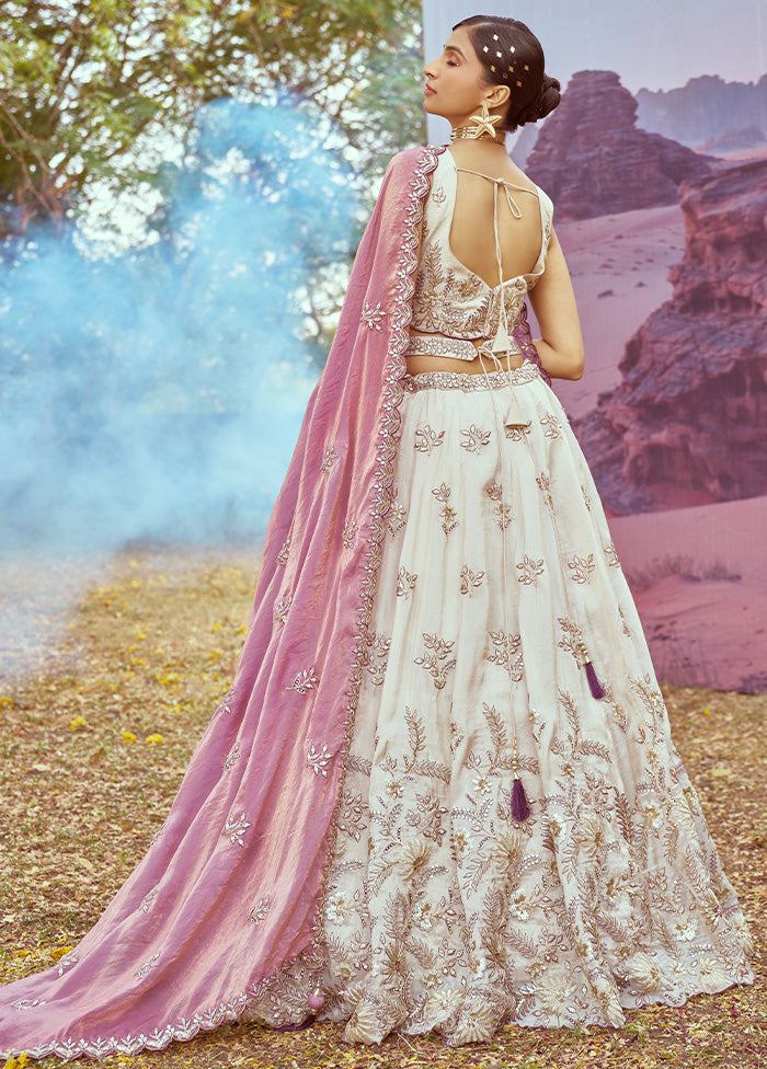 3 Pc Cream Viscose Semi Stitched Lehenga Set