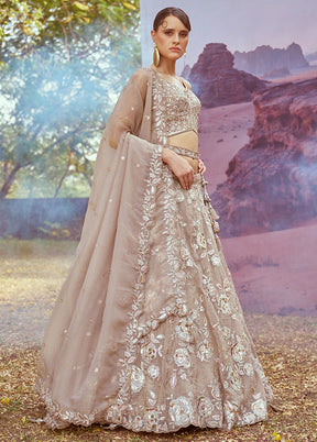 3 Pc Beige Silk Semi Stitched Lehenga Set