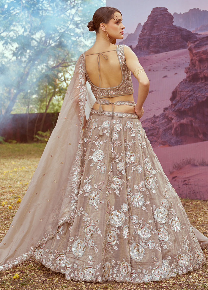 3 Pc Beige Silk Semi Stitched Lehenga Set