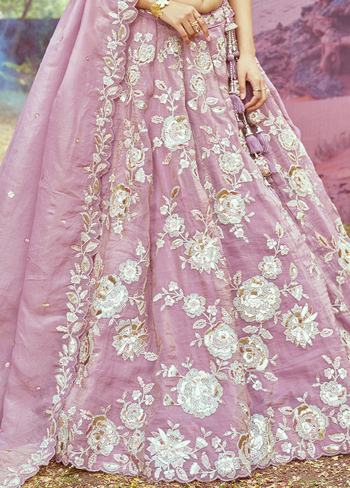 3 Pc Lavender Silk Semi Stitched Lehenga Set