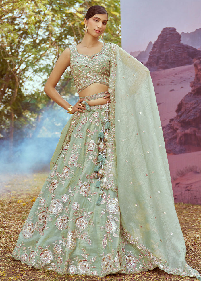 3 Pc Pista Green Silk Semi Stitched Lehenga Set