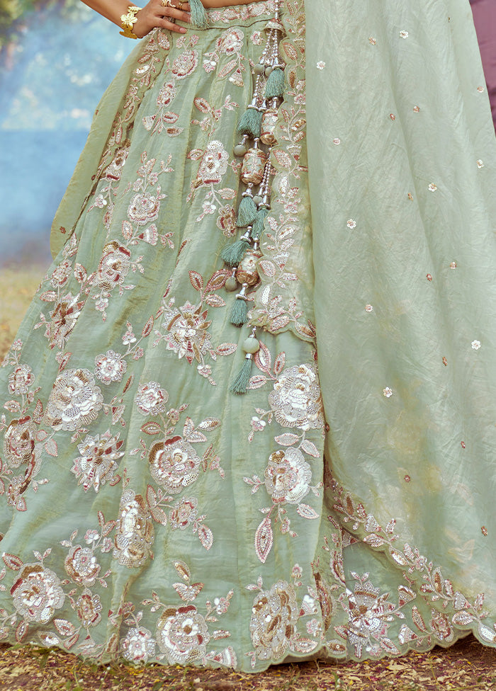 3 Pc Pista Green Silk Semi Stitched Lehenga Set