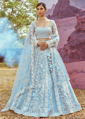 3 Pc Sky Blue Silk Semi Stitched Lehenga Set