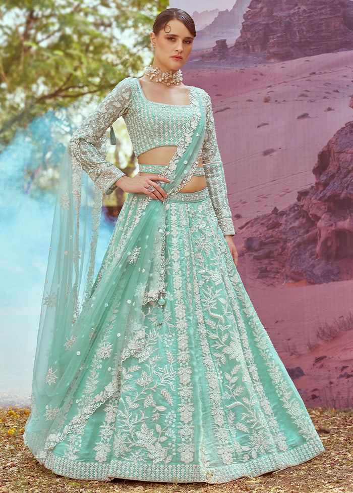 3 Pc Sea Green Silk Semi Stitched Lehenga Set