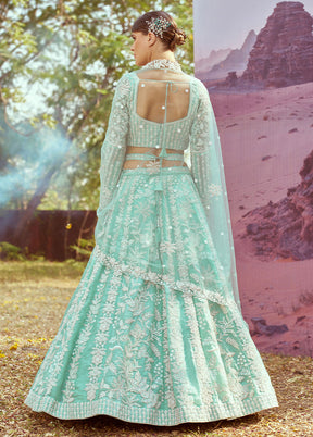 3 Pc Sea Green Silk Semi Stitched Lehenga Set