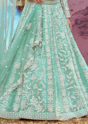 3 Pc Sea Green Silk Semi Stitched Lehenga Set