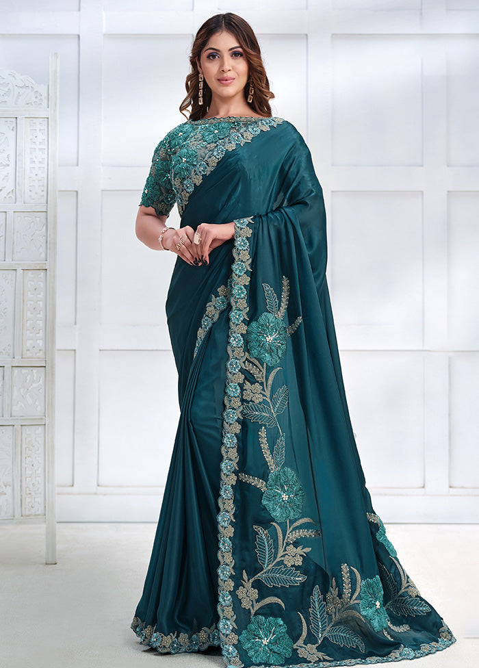 Teal Crepe Silk Saree With Blouse Piece