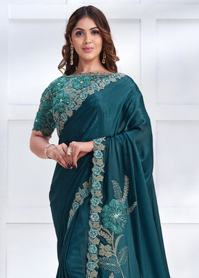 Teal Crepe Silk Saree With Blouse Piece