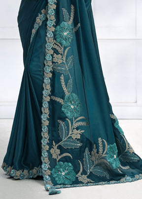 Teal Crepe Silk Saree With Blouse Piece