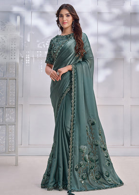 Sea Green Crepe Silk Saree With Blouse Piece