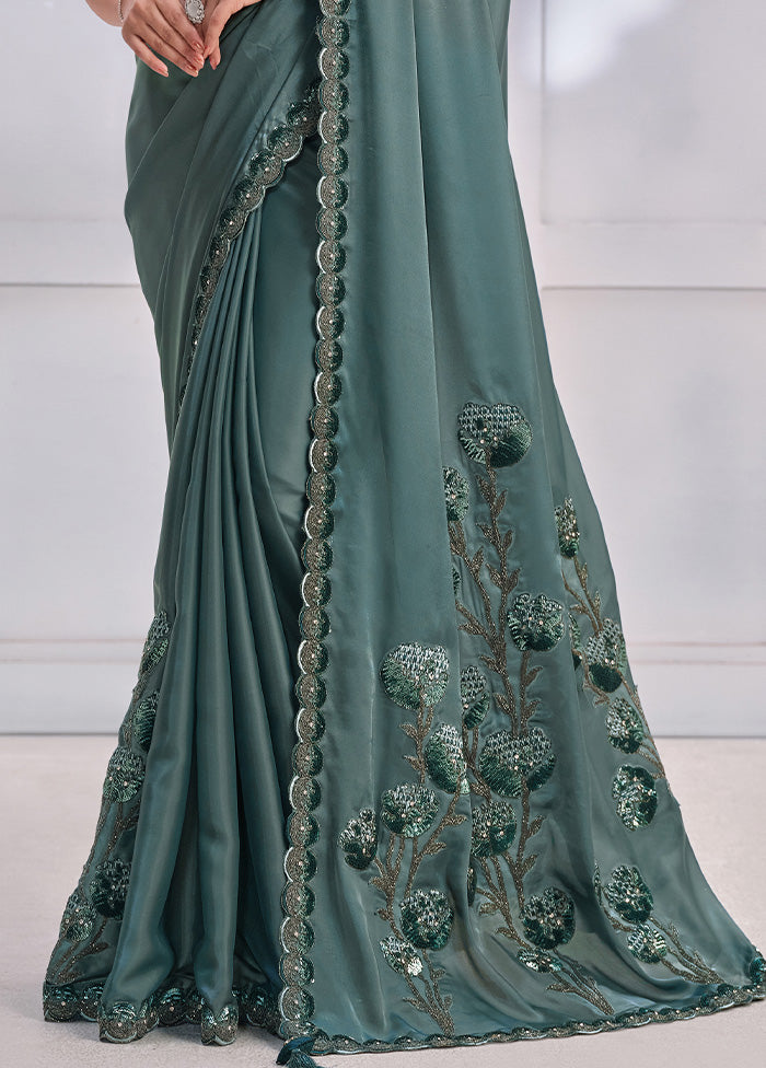 Sea Green Crepe Silk Saree With Blouse Piece