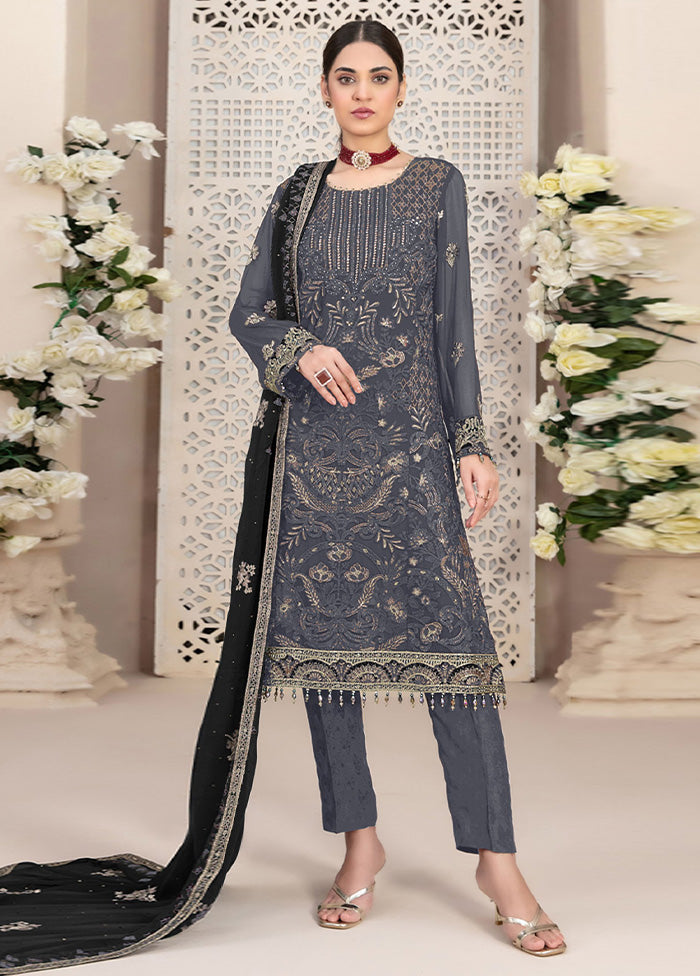 3 Pc Grey Semi Stitched Georgette Suit Set