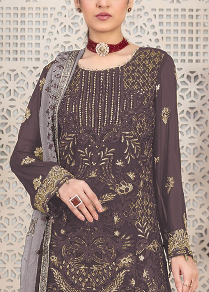 3 Pc Brown Semi Stitched Georgette Suit Set