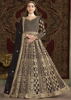 Black Semi Stitched Net Dupatta Indian Dress