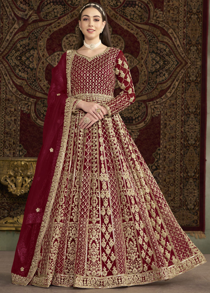 Maroon Semi Stitched Net Dupatta Indian Dress