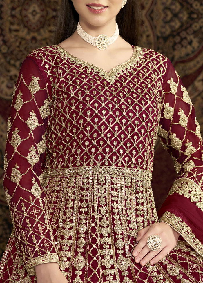 Maroon Semi Stitched Net Dupatta Indian Dress