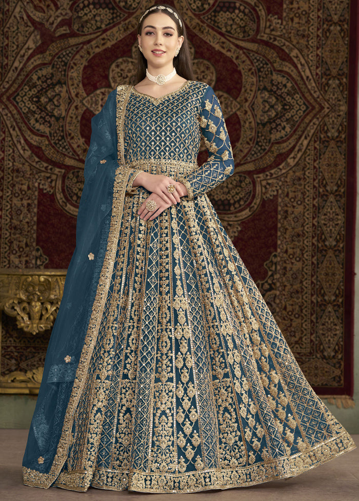 Teal Blue Semi Stitched Net Dupatta Indian Dress