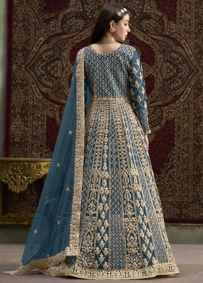 Teal Blue Semi Stitched Net Dupatta Indian Dress