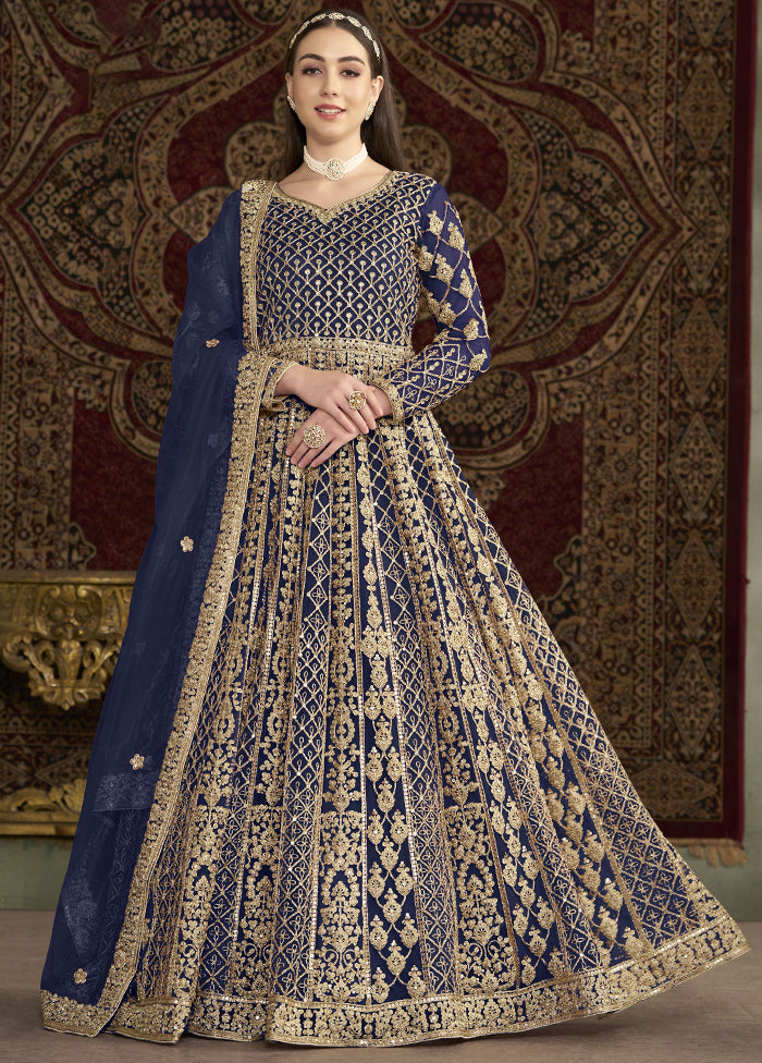 Blue Semi Stitched Net Dupatta Indian Dress