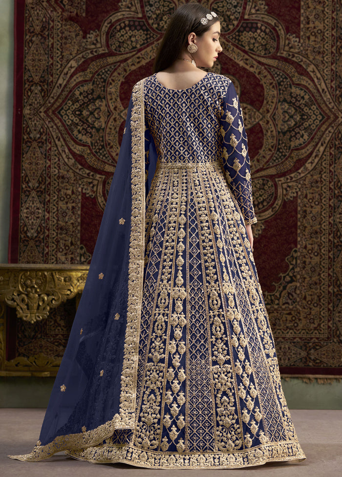 Blue Semi Stitched Net Dupatta Indian Dress