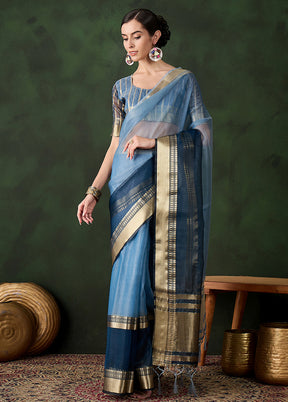 Blue Organza Saree With Blouse Piece