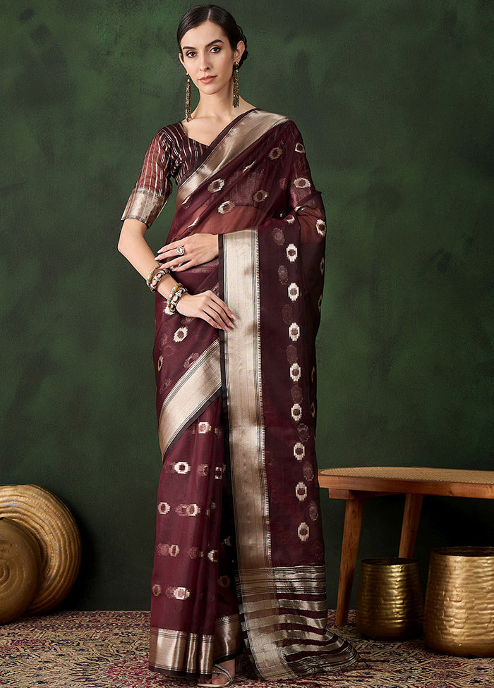 Burgundy Organza Saree With Blouse Piece