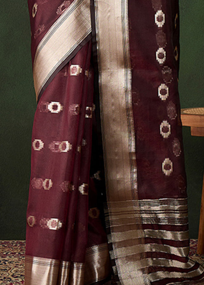 Burgundy Organza Saree With Blouse Piece