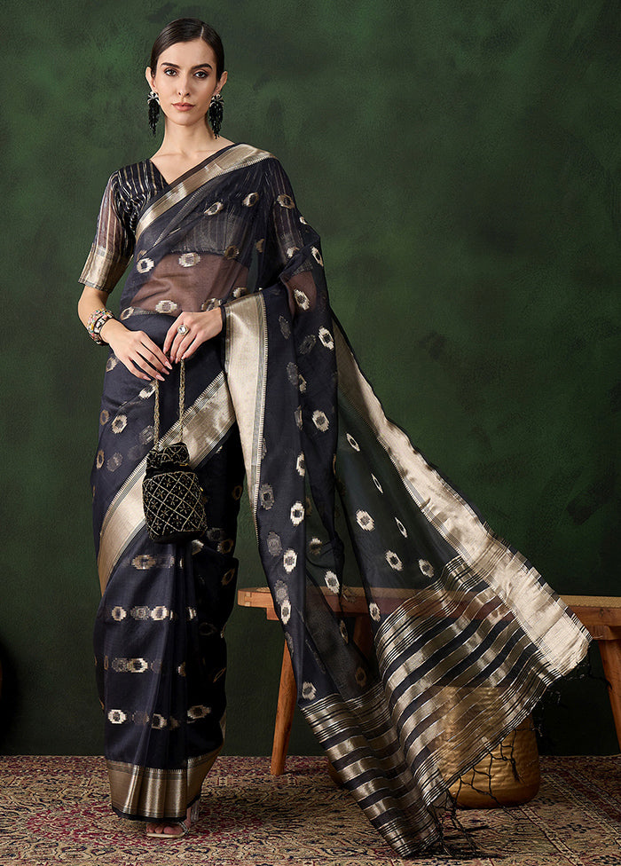 Navy Blue Organza Saree With Blouse Piece