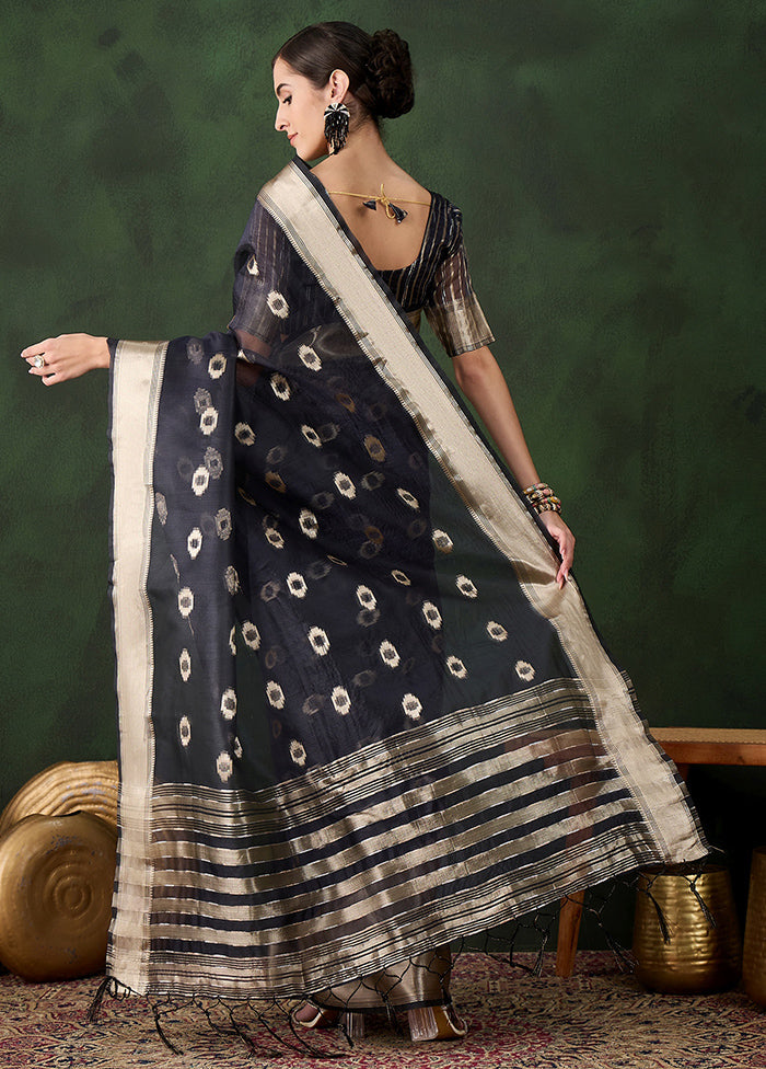 Navy Blue Organza Saree With Blouse Piece